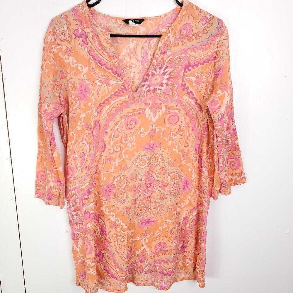J Crew TOp WOmens Small Tunic Paisley Colorful Y Neck Retro 70s Boho Hippie